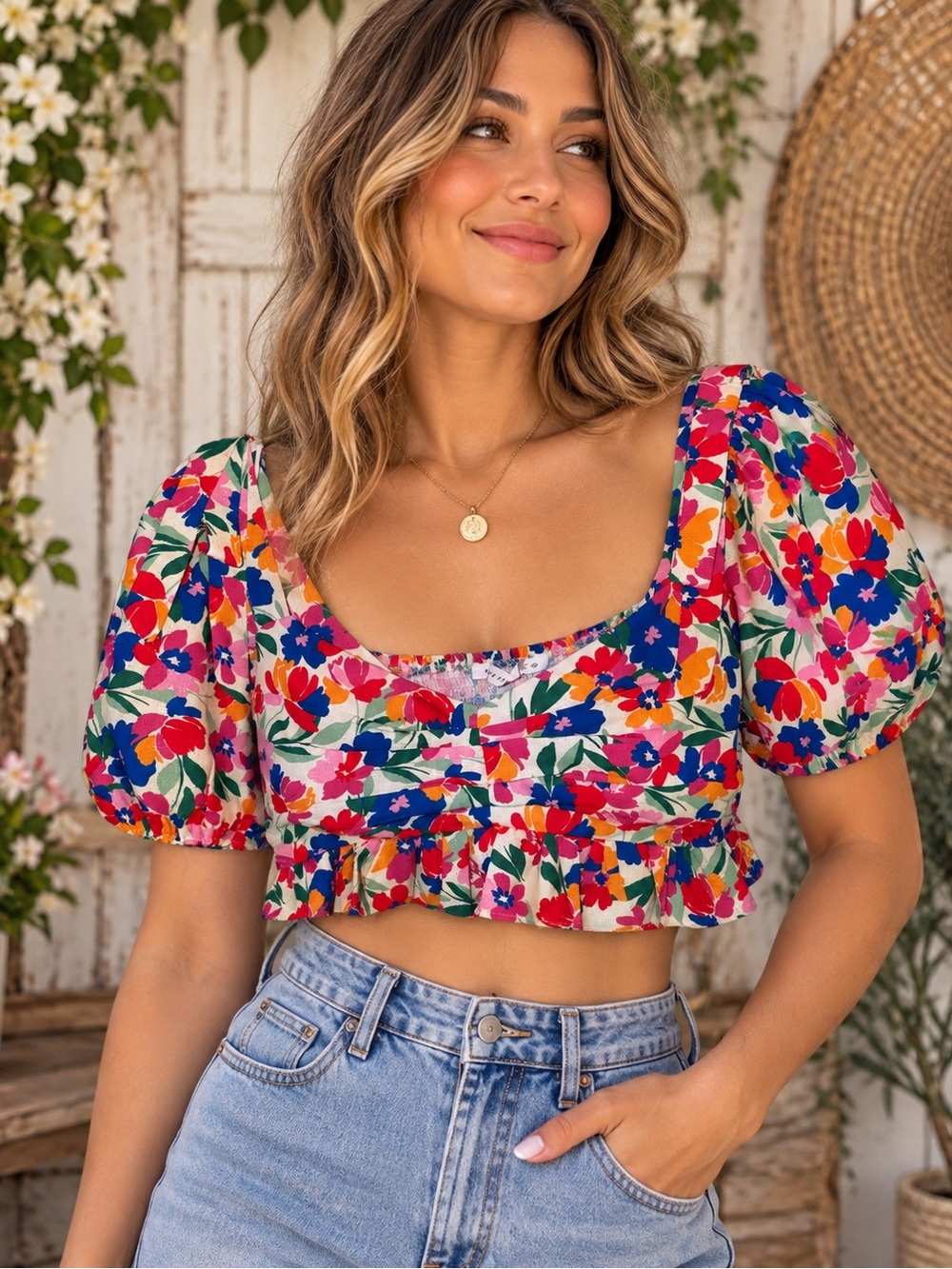 Altar’d State Floral Puff Sleeve Peplum Crop Top Small